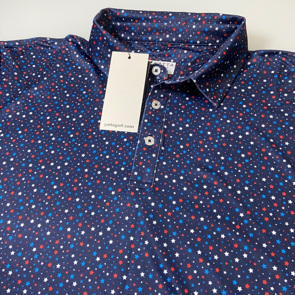 Yatta‎ Golf Mens XL Navy Multi Star Polo Shirt NEW Patriotic Performance Stars